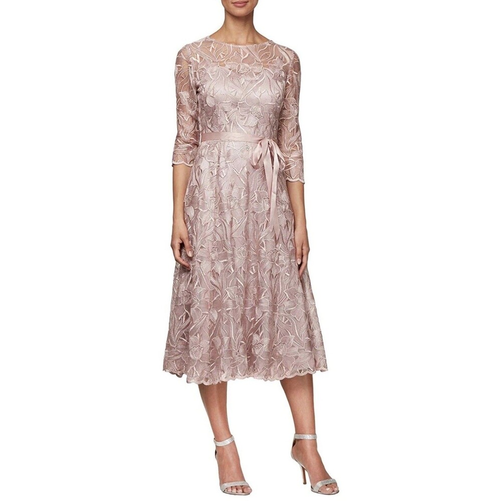 ALEX EVENINGS Floral Pink Rose Embroidered Lace Dress Gown Size 14